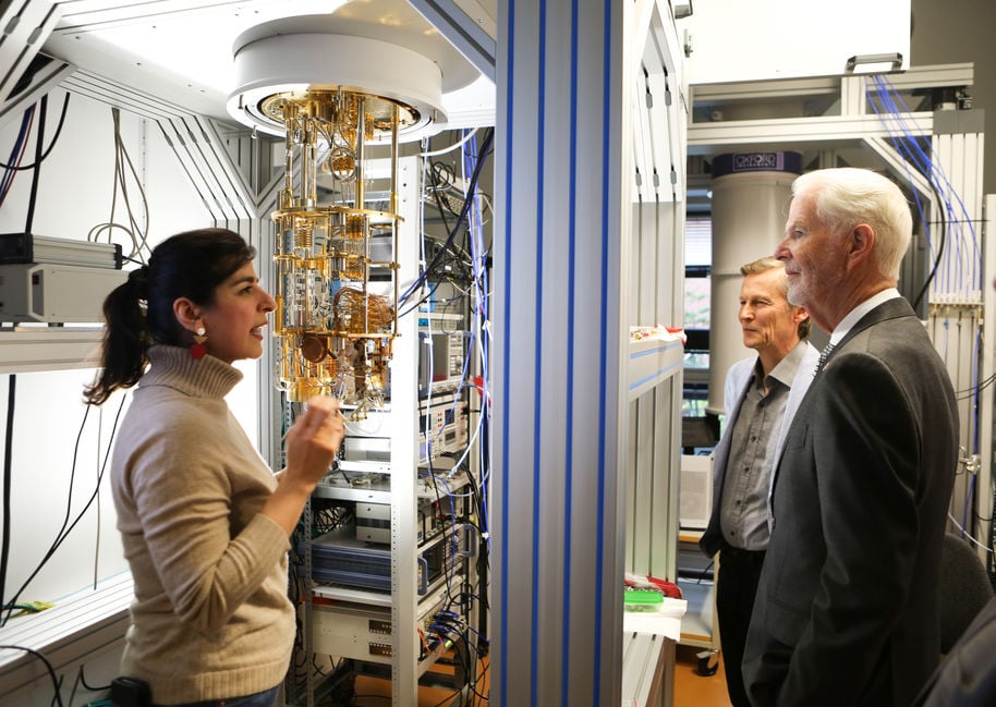 Doug Hickey, Jukka Pekola and Bayan Karimi in the cryostat lab.