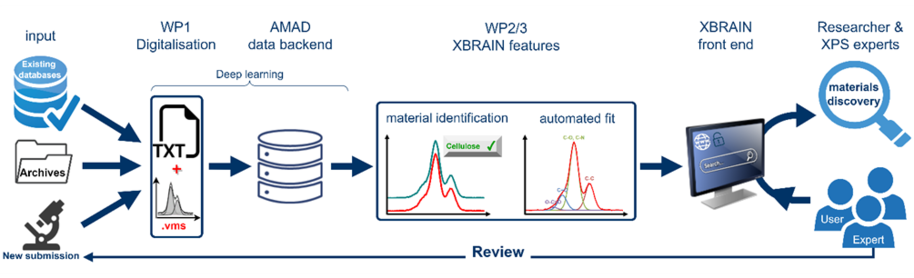 Graphic showing the workflow of the XBRAIN project from input, digitalization, data backend, features, front end to researcher and experts