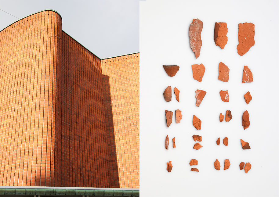 The image is broken up into two sections. The section on the left shows a brick building. The section on the right shows fragments that the author collected from the building, organized on a grid. 