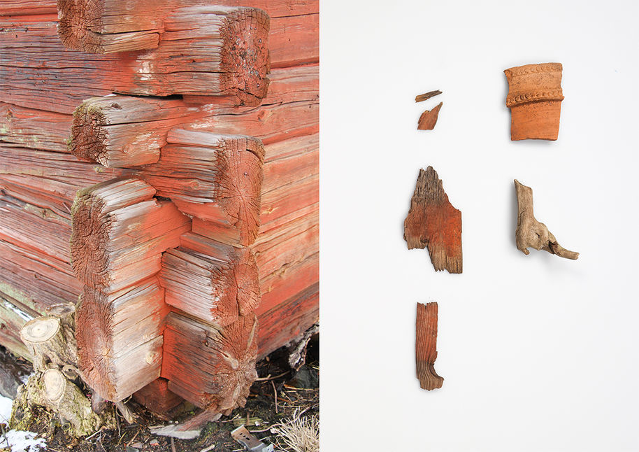 The image is broken up into two sections. The section on the left shows a detail of a building. The section on the right shows fragments that the author collected from the building, organized on a grid.