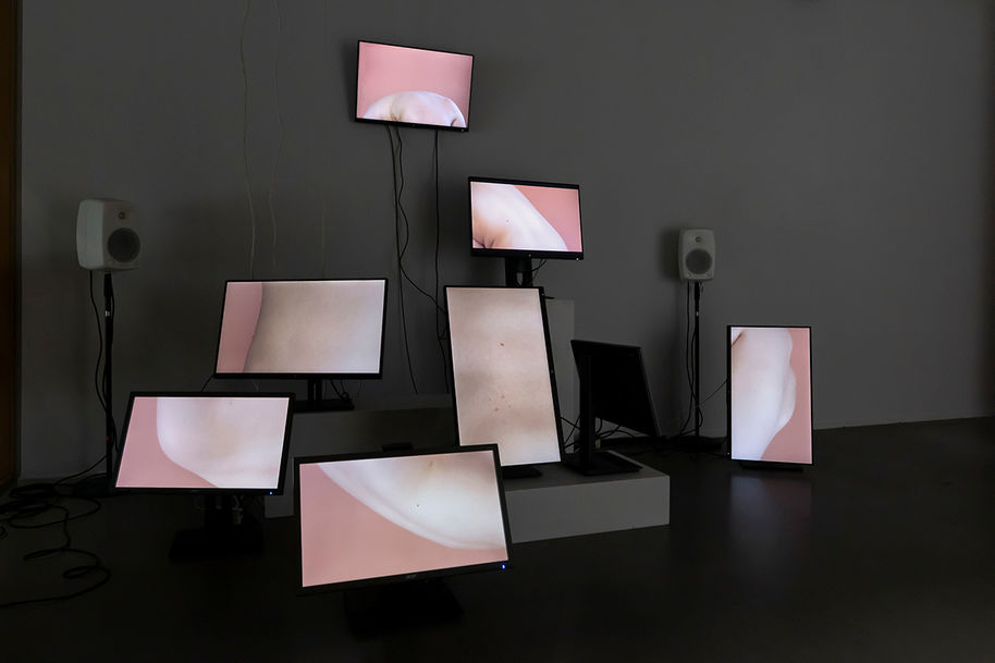 Multi channel installation made up of several screens. Each screen shows a close-up of different parts of a body against a light pink background.