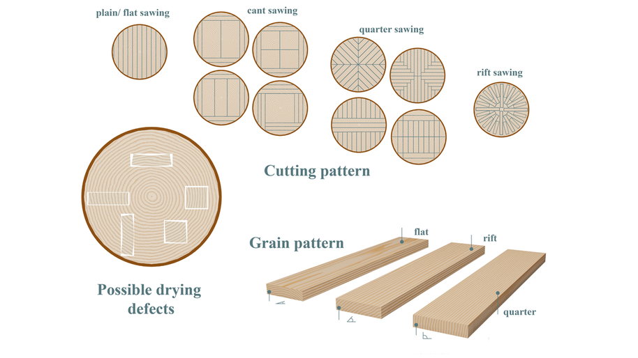 Illustration of wood sawing patterns and grain patterns 