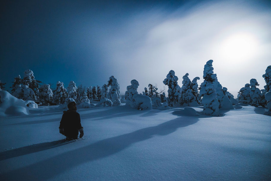 A person standing in the snow during the polar night in the Finnish Lapland.