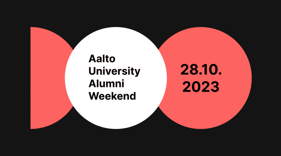 Patterns and text showing Aalto Alumni Weekend 2023