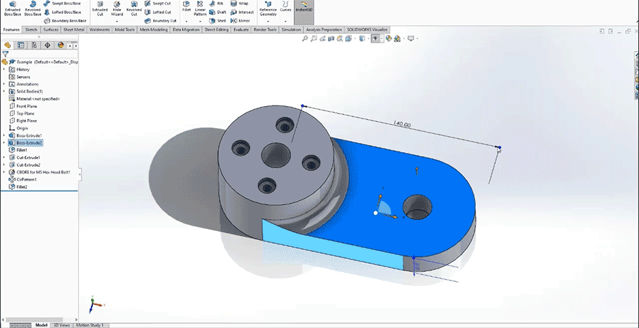 A moving image of a part being modelled in SolidWorks