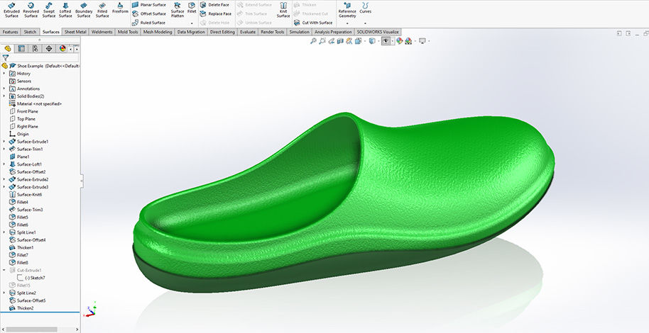 The making of a green slipper in SolidWorks