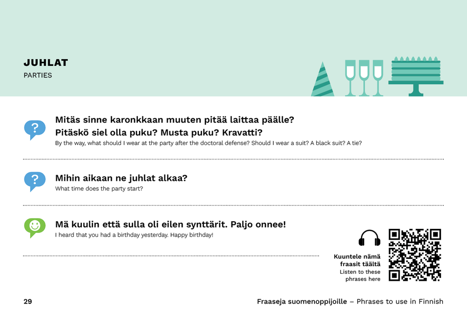 Useful phrases in Finnish regarding parties and festivities.