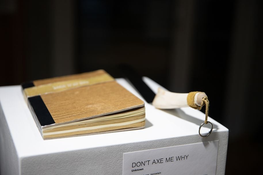 A notebook and curious object placed on a pedestal with a title saying ”DON'T AXE MY WHY”