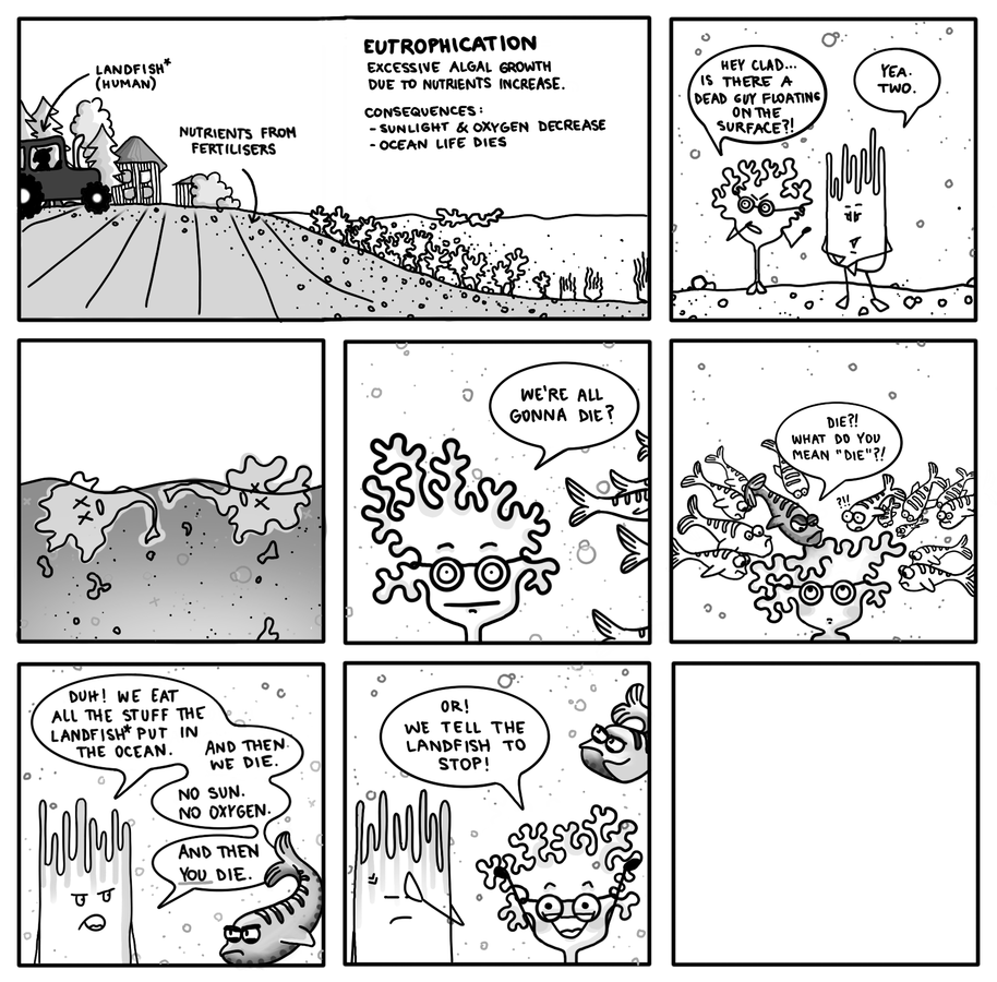 A comic about eutrophification - algae characters talking to each other about their problems