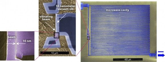 Nanobeam mechanical resonator coupled to a superconducting microwave cavity.