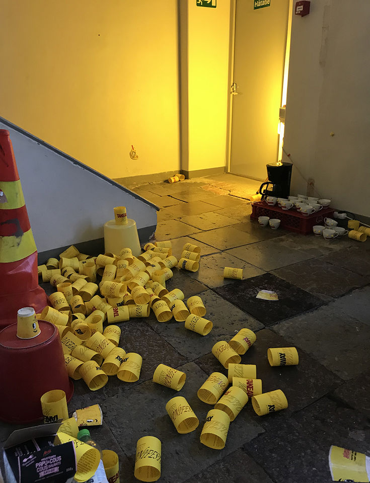 Artwork from: Vera Anttila, Takeaway manifesto, Installation for the exhibition, 2019. "I'm trash but yellow like sun"
