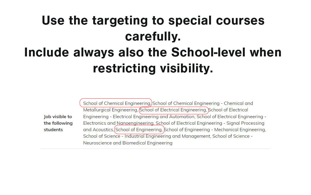Pic includes text: "Use the targeting to special courses carefully. Always include also the School-level when restricting visibility." and a picture about selected courses