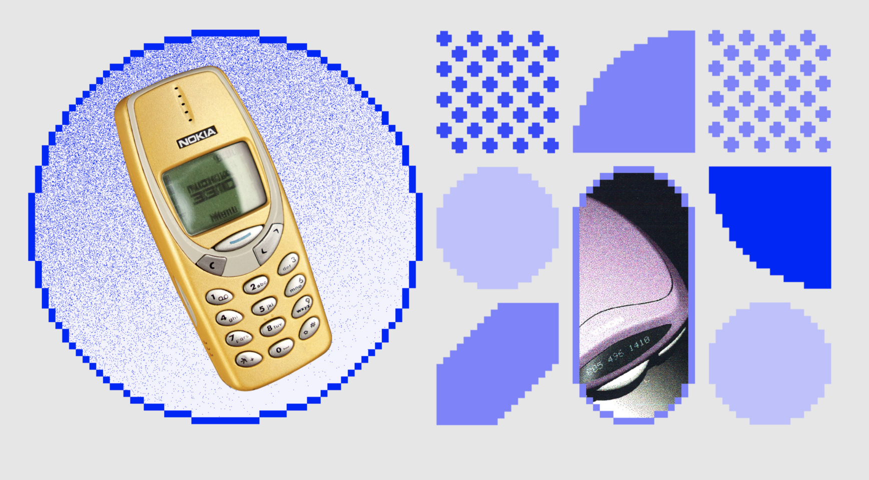 Nokia Design Archive project image. Graphic image with classic Nokia phone in pixelated purple shapes with grain effect
