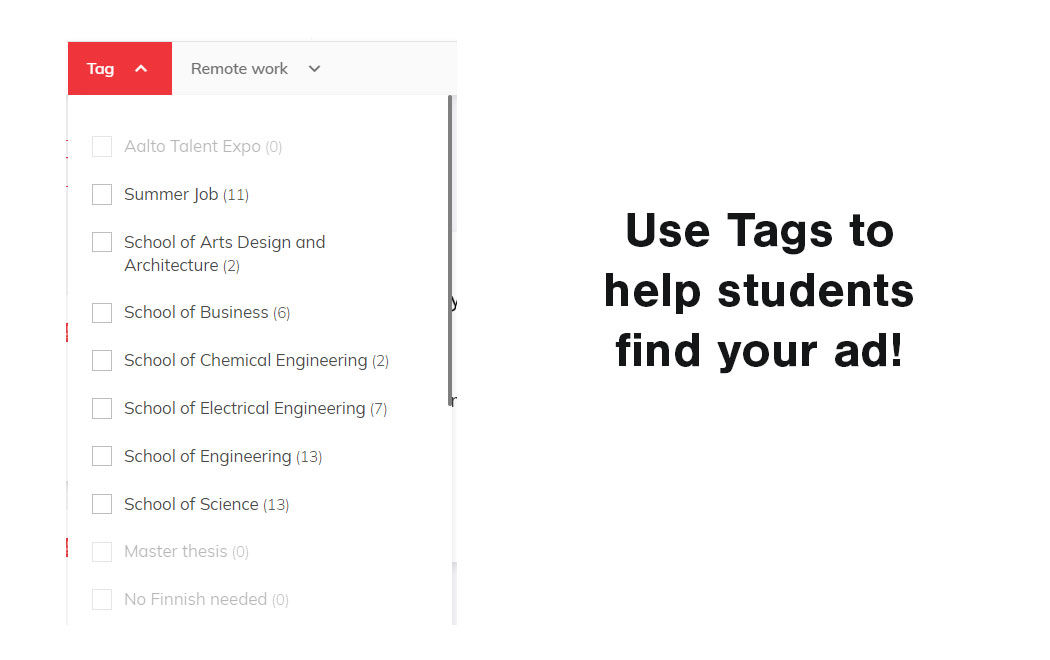 Pic includes text "Use tags to help students find your ad!" and a picture of a list with different word tags