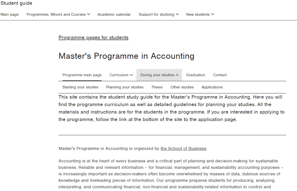 Student guide, programme page