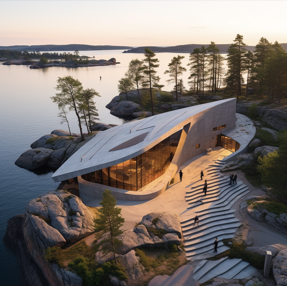 Plan for the development of Tervasaari: a modern building by the sea in the evening sun