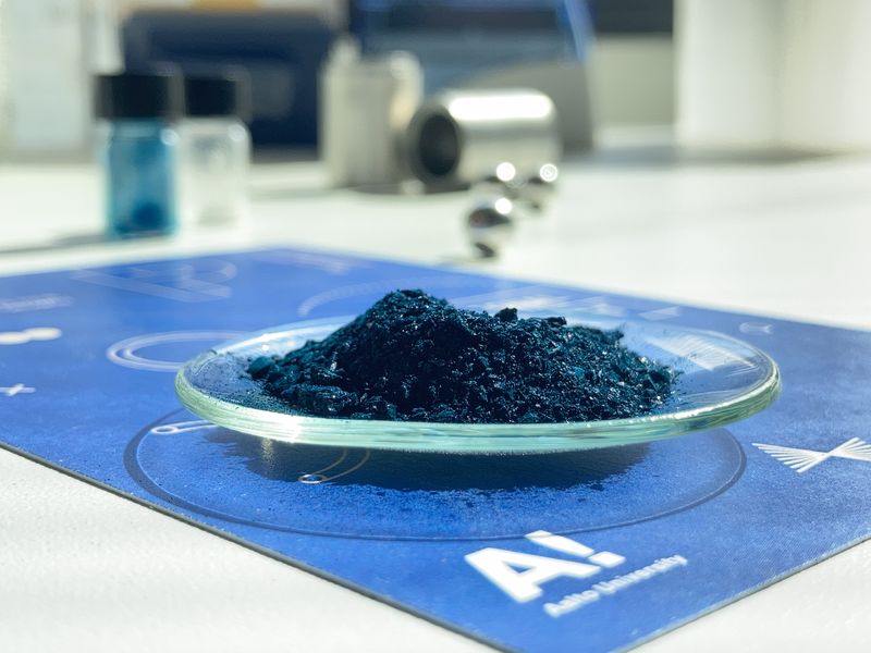 Photo of a blue pigment made by solid-state synthesis